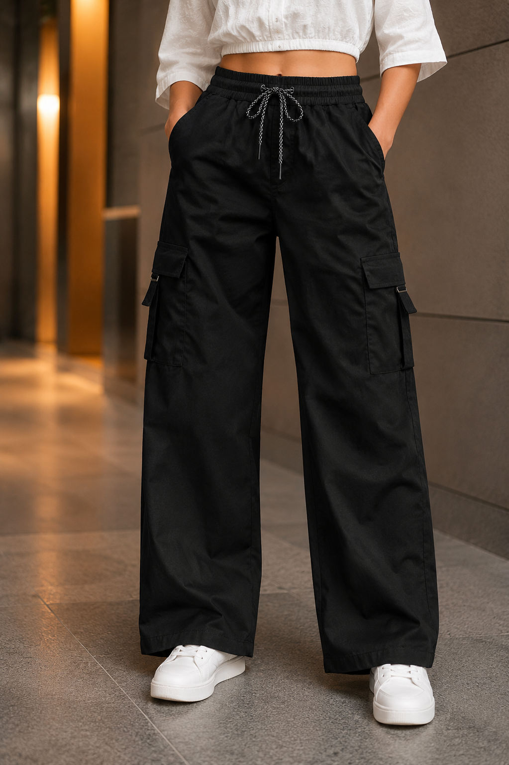 A n' e Women Black wide leg Cargo Pant