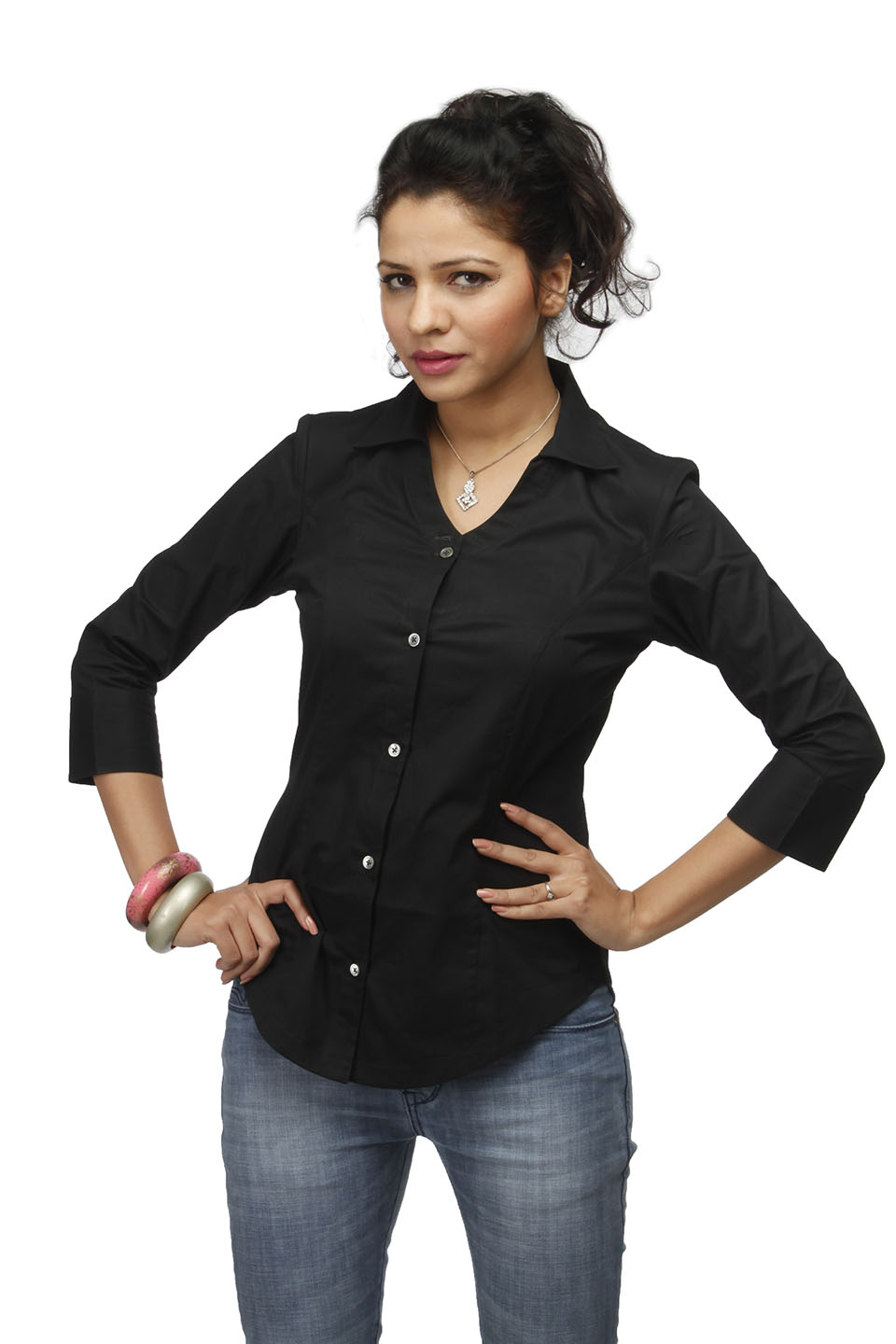 Black Corporate Cotton  shirt With Swarovski Crystal Logo